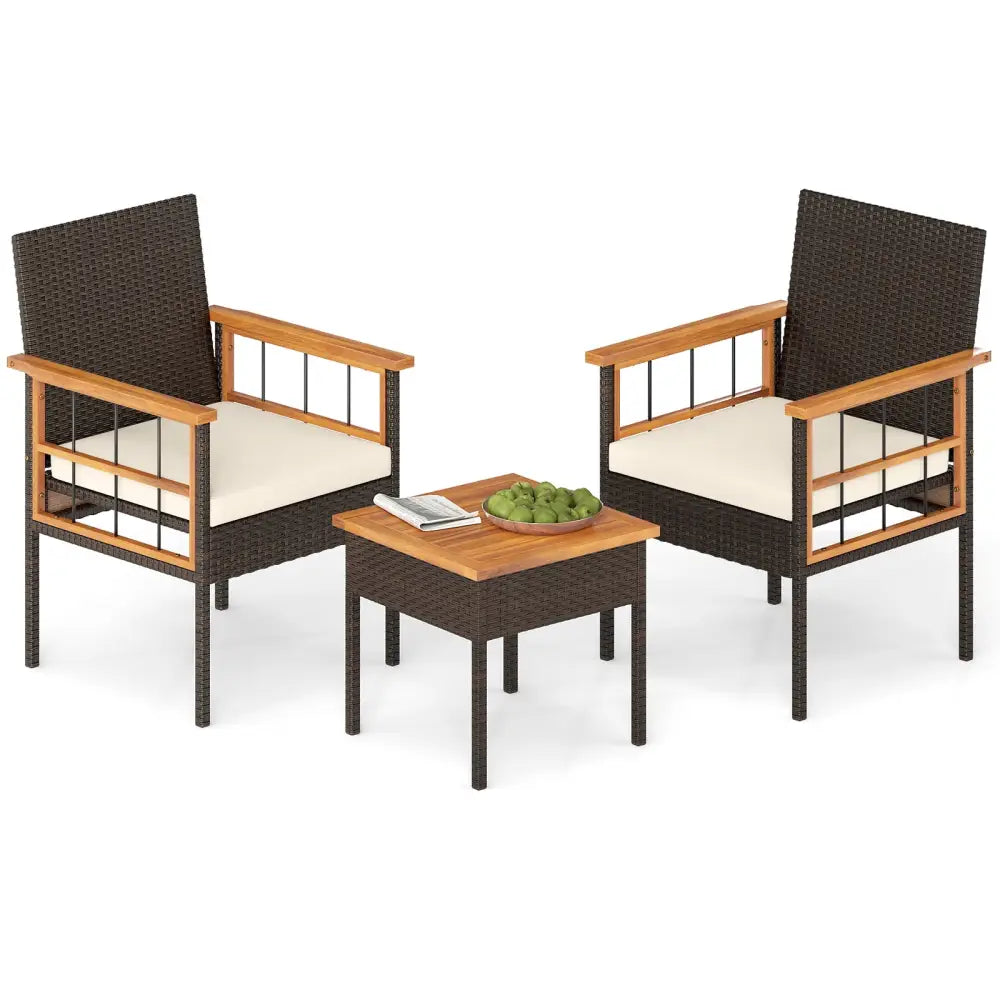 3 Piece Wicker Furniture Set with Acacia Wood Tabletop and Armrest for Balcony-White - White - Patio Conversation Sets