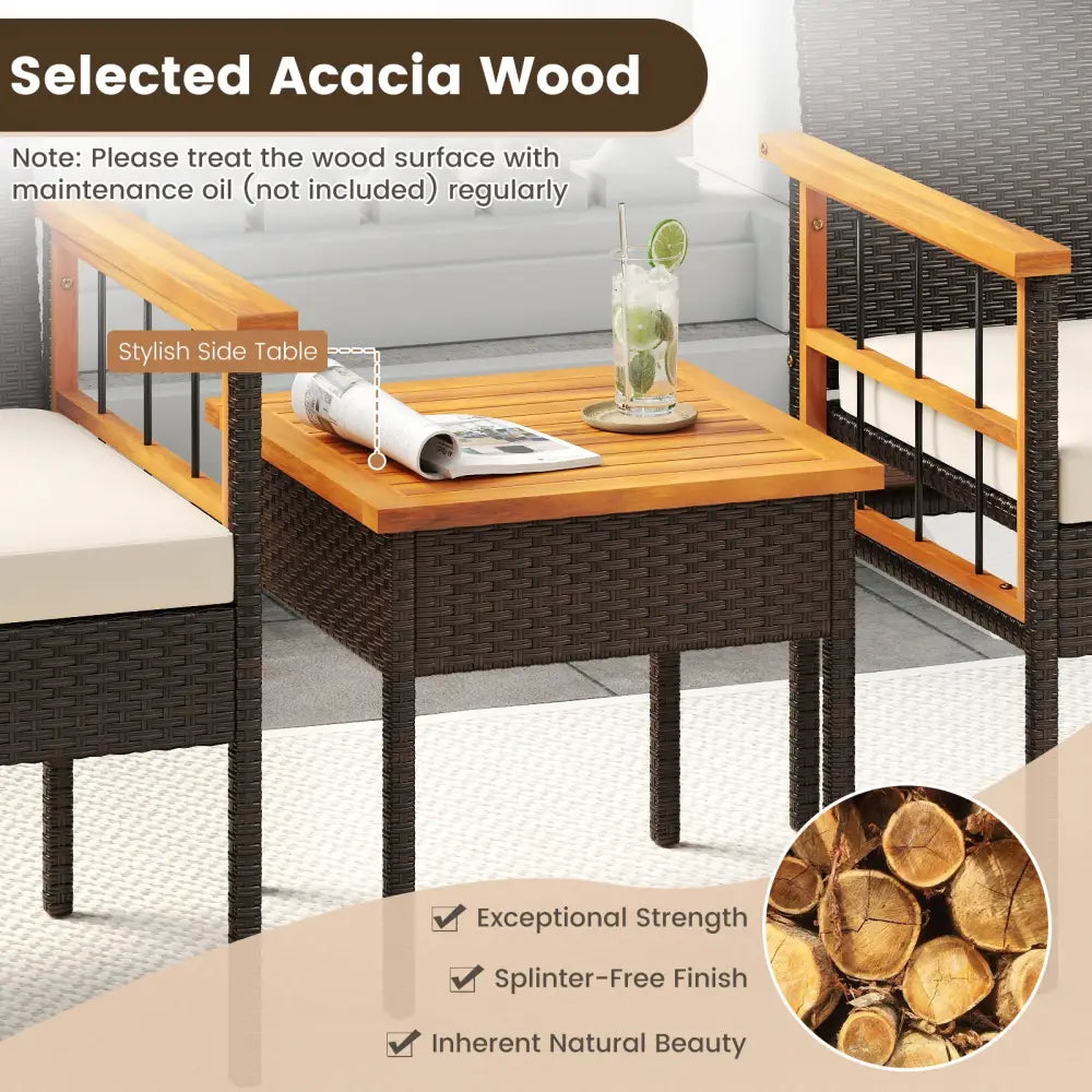 3 Piece Wicker Furniture Set with Acacia Wood Tabletop and Armrest for Balcony-White - White - Patio Conversation Sets