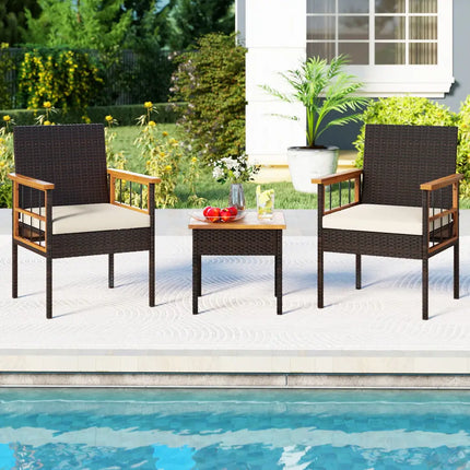 3 Piece Wicker Furniture Set with Acacia Wood Tabletop and Armrest for Balcony-White - White - Patio Conversation Sets