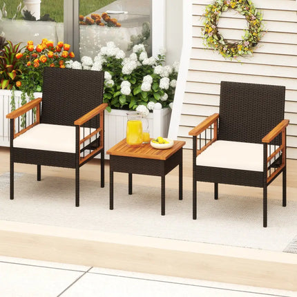 3 Piece Wicker Furniture Set with Acacia Wood Tabletop and Armrest for Balcony-White - White - Patio Conversation Sets