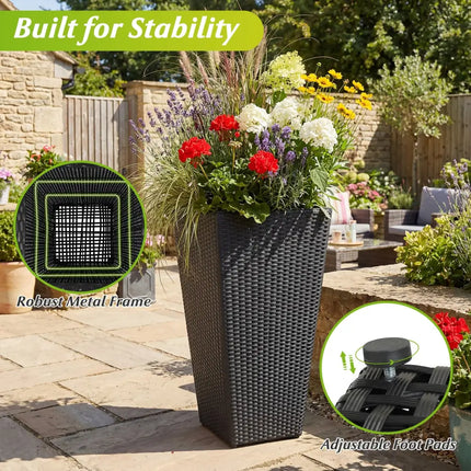 3-Piece Wicker Planters Tapered PP Rattan Plant Boxes with Plastic Flower Pots-Black - Black - Raised Garden Beds