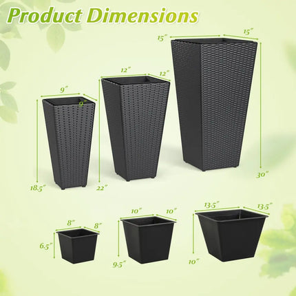 3-Piece Wicker Planters Tapered PP Rattan Plant Boxes with Plastic Flower Pots-Black - Black - Raised Garden Beds