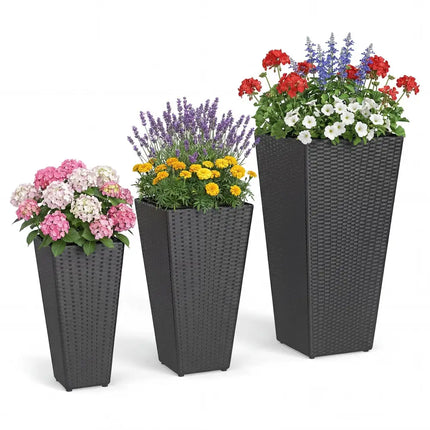 3-Piece Wicker Planters Tapered PP Rattan Plant Boxes with Plastic Flower Pots-Black - Black - Raised Garden Beds