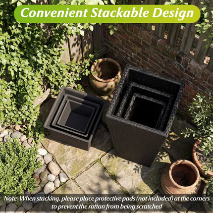 3-Piece Wicker Planters Tapered PP Rattan Plant Boxes with Plastic Flower Pots-Black - Black - Raised Garden Beds