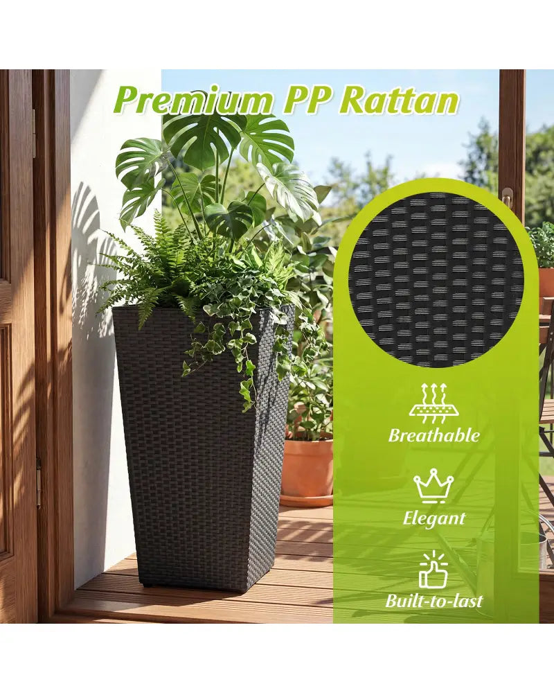 3-Piece Wicker Planters Tapered PP Rattan Plant Boxes with Plastic Flower Pots-Black - Black - Raised Garden Beds