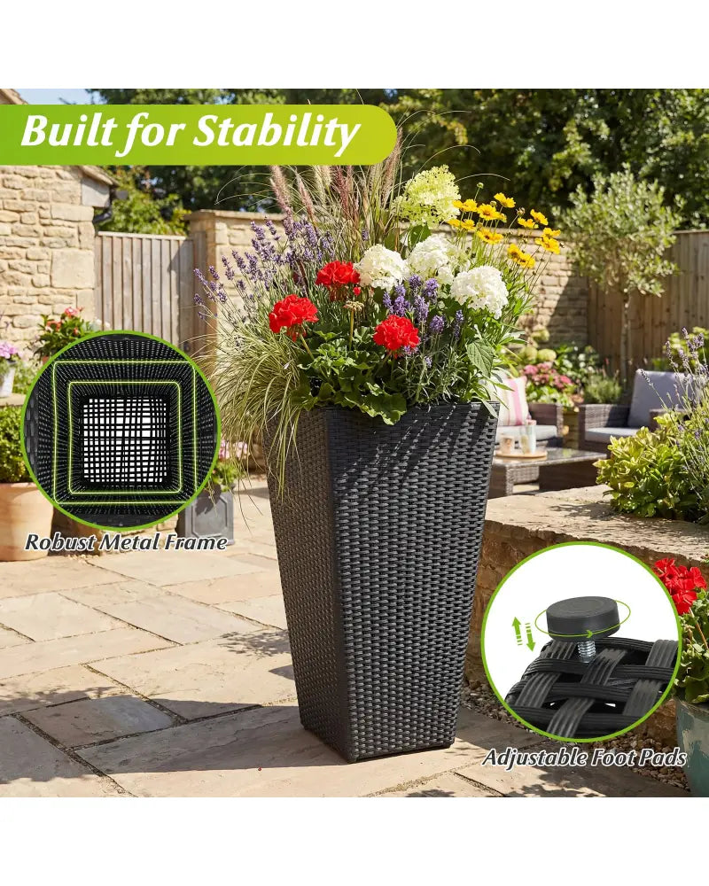 3-Piece Wicker Planters Tapered PP Rattan Plant Boxes with Plastic Flower Pots-Black - Black - Raised Garden Beds