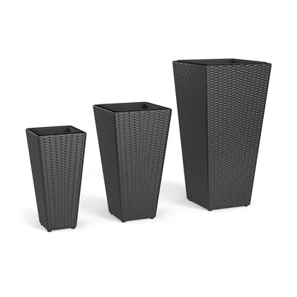 3-Piece Wicker Planters Tapered PP Rattan Plant Boxes with Plastic Flower Pots-Black - Black - Raised Garden Beds
