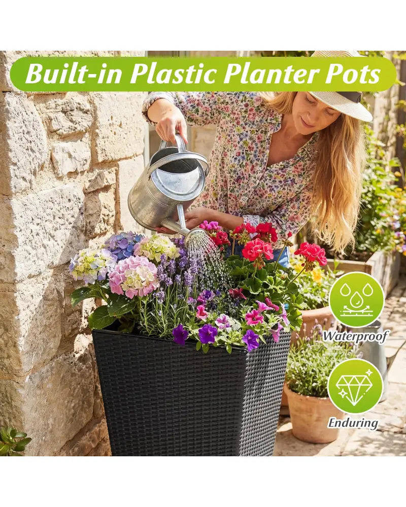 3-Piece Wicker Planters Tapered PP Rattan Plant Boxes with Plastic Flower Pots-Black - Black - Raised Garden Beds