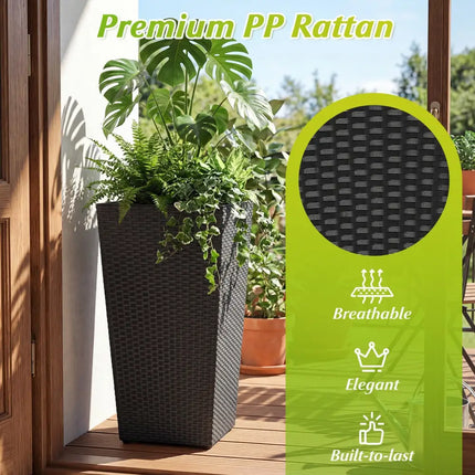 3-Piece Wicker Planters Tapered PP Rattan Plant Boxes with Plastic Flower Pots-Black - Black - Raised Garden Beds