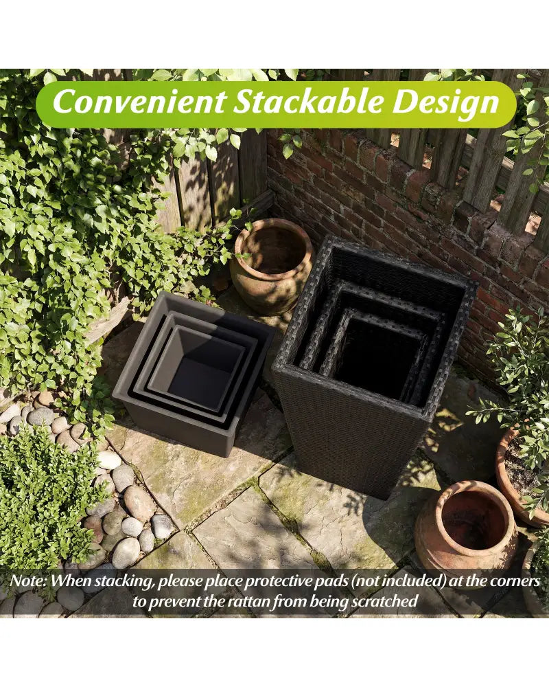 3-Piece Wicker Planters Tapered PP Rattan Plant Boxes with Plastic Flower Pots-Black - Black - Raised Garden Beds