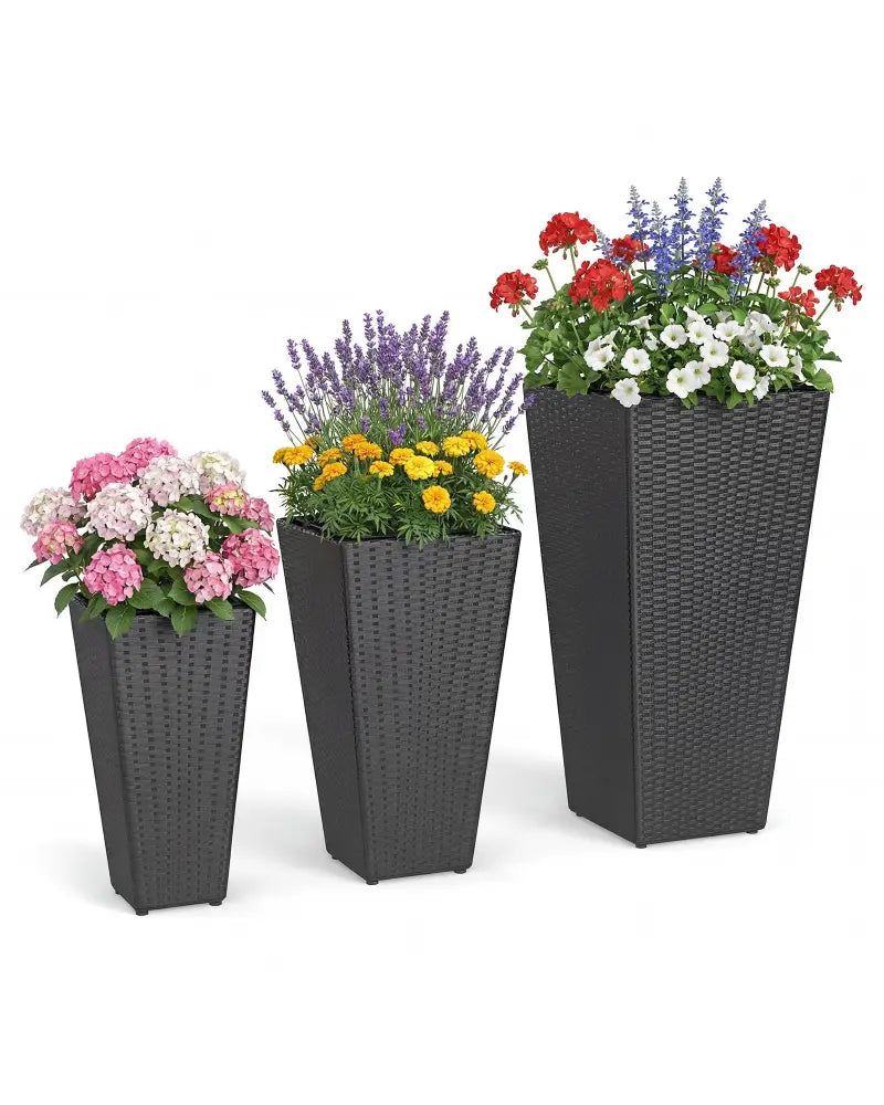 3-Piece Wicker Planters Tapered PP Rattan Plant Boxes with Plastic Flower Pots-Black - Black - Raised Garden Beds