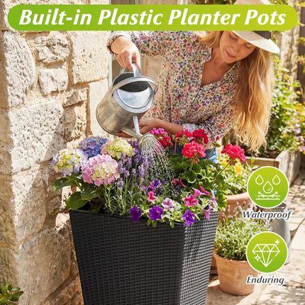 3-Piece Wicker Planters Tapered PP Rattan Plant Boxes with Plastic Flower Pots-Black - Black - Raised Garden Beds