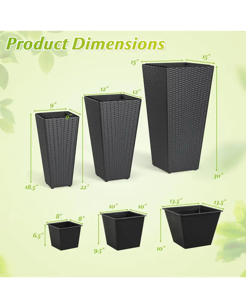 3-Piece Wicker Planters Tapered PP Rattan Plant Boxes with Plastic Flower Pots-Black - Black - Raised Garden Beds