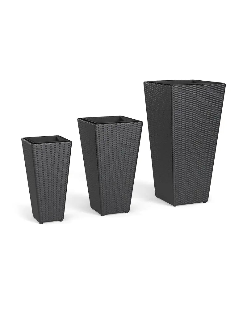 3-Piece Wicker Planters Tapered PP Rattan Plant Boxes with Plastic Flower Pots-Black - Black - Raised Garden Beds