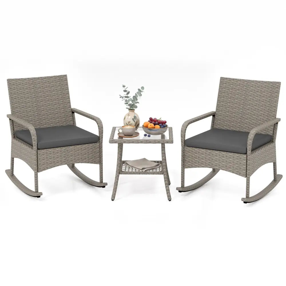 3-Piece Wicker Rocking Bistro Set with Cushions for Garden Backyard Porch-Gray - Gray - Patio Dining Sets