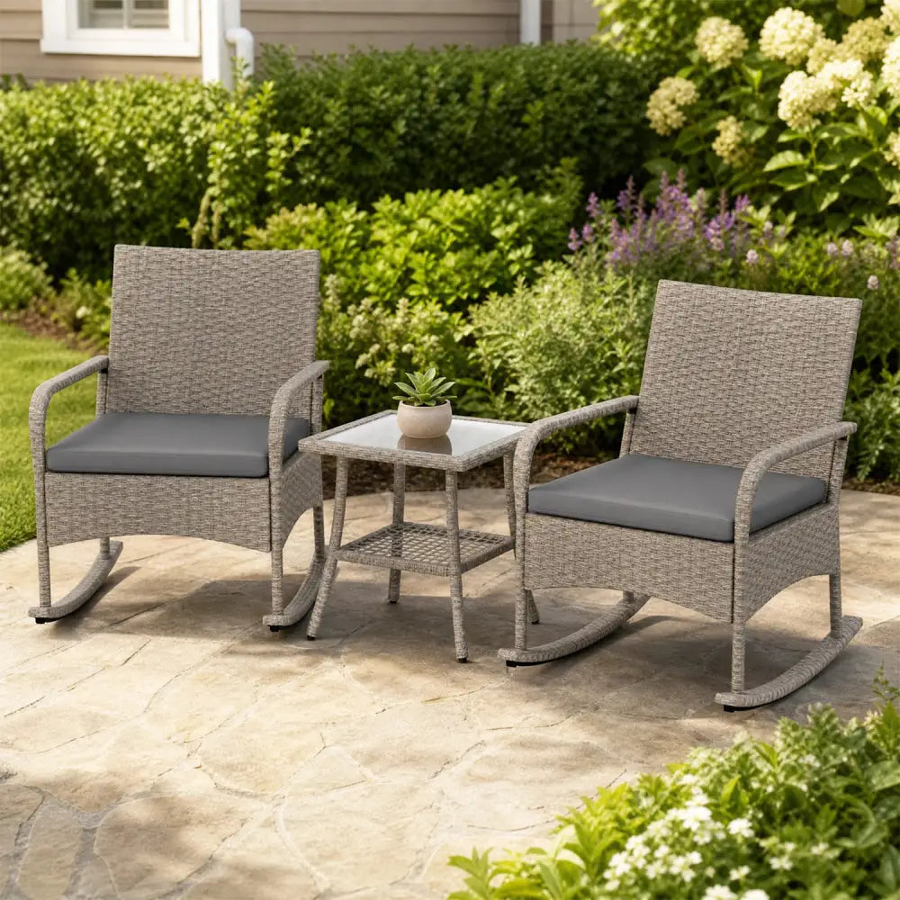 3-Piece Wicker Rocking Bistro Set with Cushions for Garden Backyard Porch-Gray - Gray - Patio Dining Sets