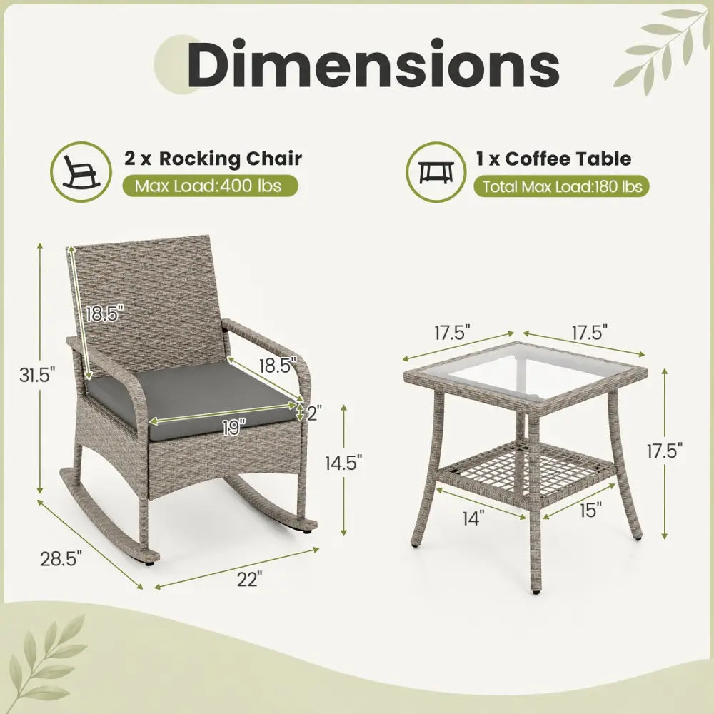 3-Piece Wicker Rocking Bistro Set with Cushions for Garden Backyard Porch-Gray - Gray - Patio Dining Sets