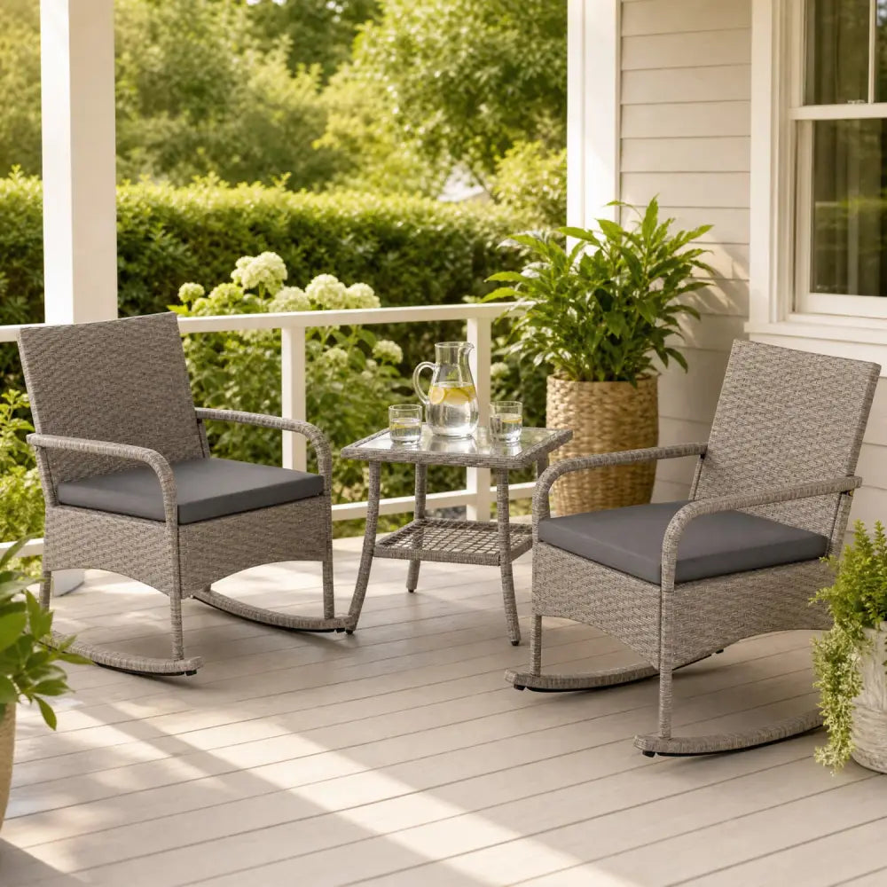 3-Piece Wicker Rocking Bistro Set with Cushions for Garden Backyard Porch-Gray - Gray - Patio Dining Sets