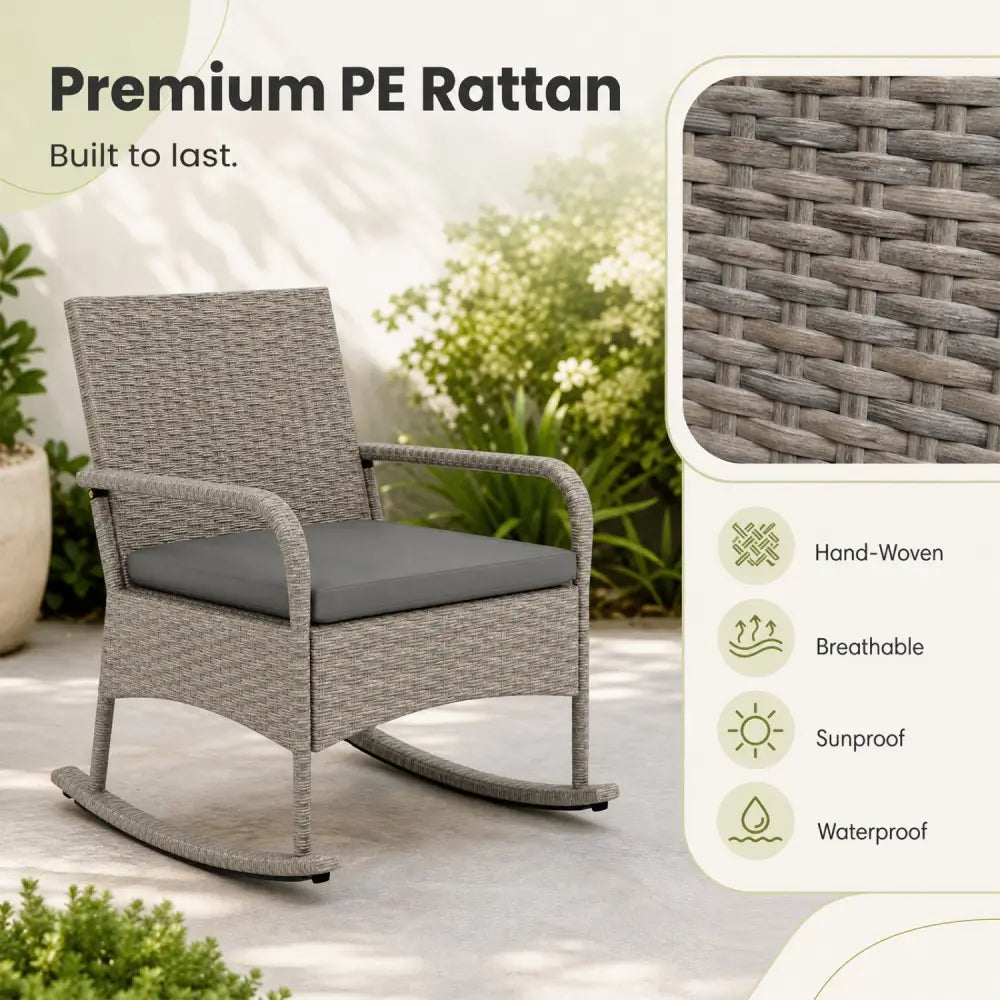 3-Piece Wicker Rocking Bistro Set with Cushions for Garden Backyard Porch-Gray - Gray - Patio Dining Sets
