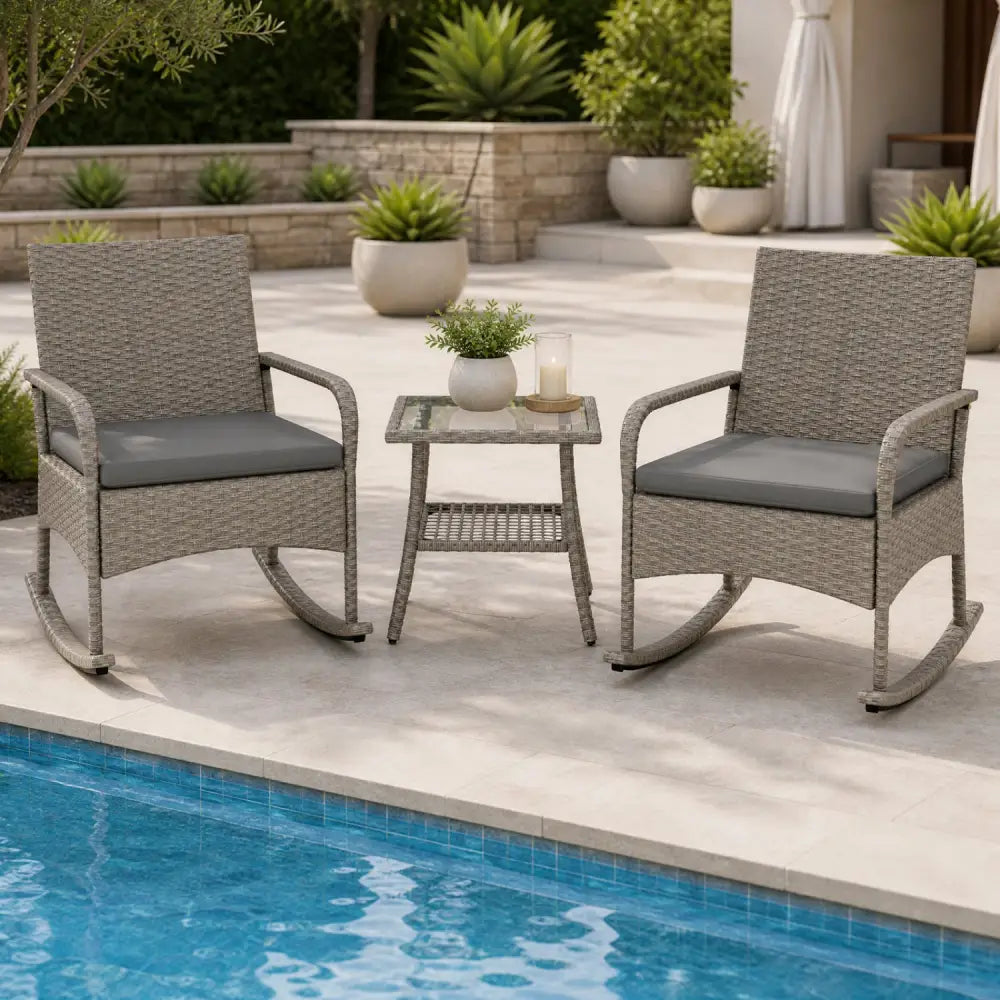 3-Piece Wicker Rocking Bistro Set with Cushions for Garden Backyard Porch-Gray - Gray - Patio Dining Sets