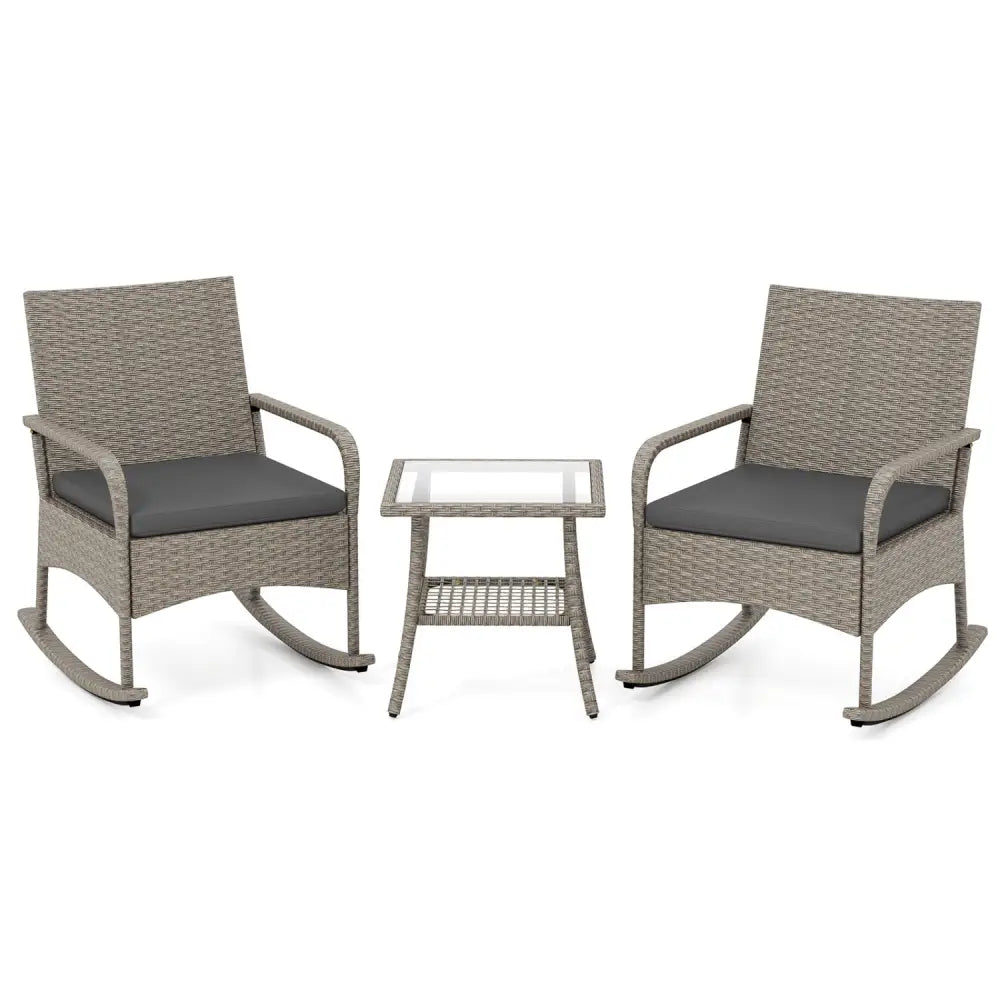 3-Piece Wicker Rocking Bistro Set with Cushions for Garden Backyard Porch-Gray - Gray - Patio Dining Sets