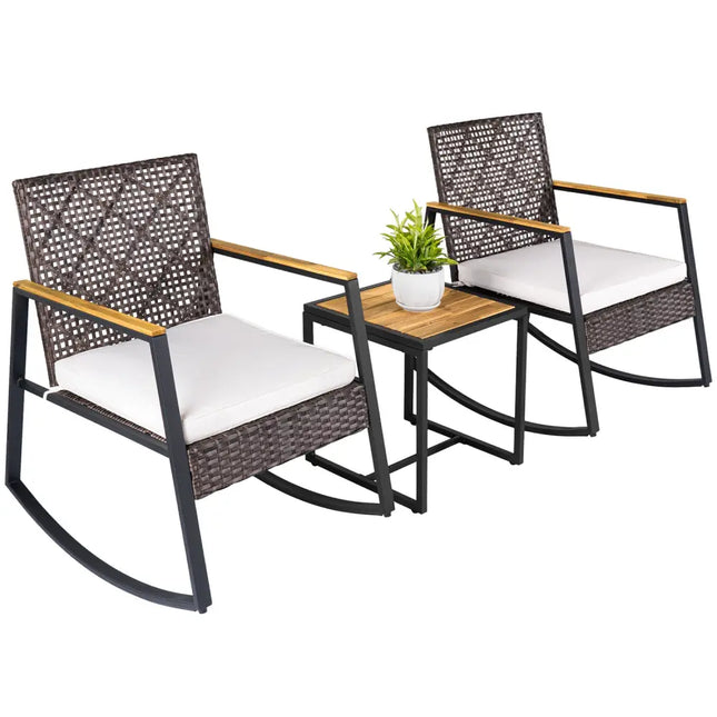 3-Piece Wicker Rocking Chair Set with Coffee Table and Cushions for Porch-Beige - Beige - Patio Conversation Sets