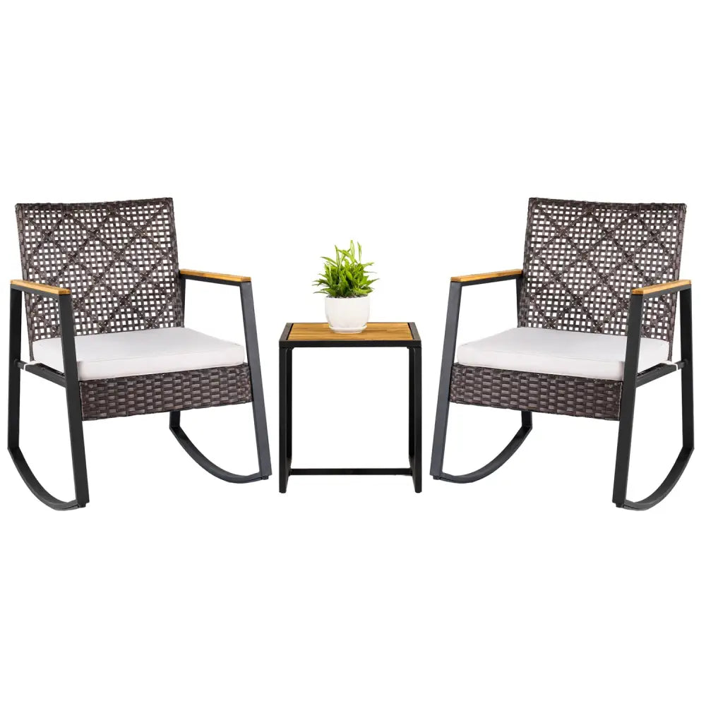 3-Piece Wicker Rocking Chair Set with Coffee Table and Cushions for Porch-Beige - Beige - Patio Conversation Sets
