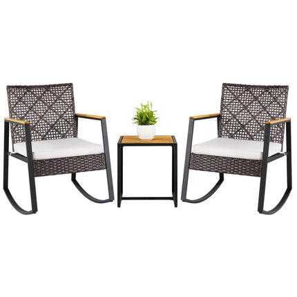 3-Piece Wicker Rocking Chair Set with Coffee Table and Cushions for Porch-Beige - Beige - Patio Conversation Sets