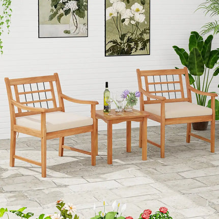 3 Piece Wood Patio Furniture Set with Seat Cushions and Acacia Wood Frame-White - White - Patio Conversation Sets