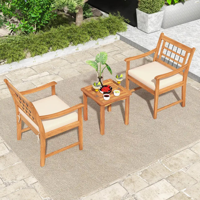 3 Piece Wood Patio Furniture Set with Seat Cushions and Acacia Wood Frame-White - White - Patio Conversation Sets