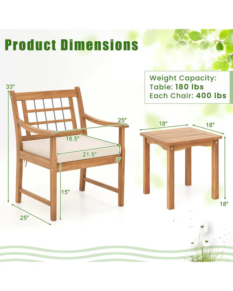 3 Piece Wood Patio Furniture Set with Seat Cushions and Acacia Wood Frame-White - White - Patio Conversation Sets