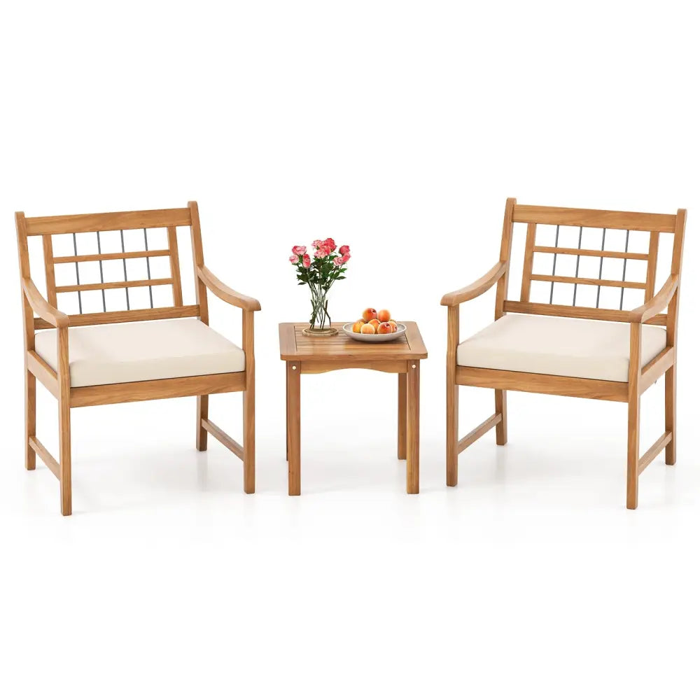 3 Piece Wood Patio Furniture Set with Seat Cushions and Acacia Wood Frame-White - White - Patio Conversation Sets