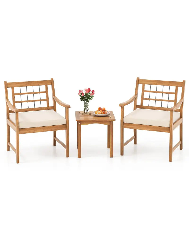 3 Piece Wood Patio Furniture Set with Seat Cushions and Acacia Wood Frame-White - White - Patio Conversation Sets