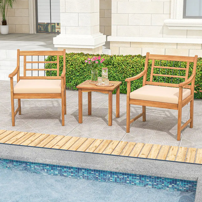 3 Piece Wood Patio Furniture Set with Seat Cushions and Acacia Wood Frame-White - White - Patio Conversation Sets