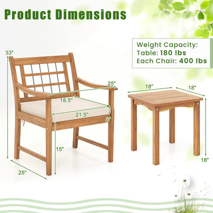 3 Piece Wood Patio Furniture Set with Seat Cushions and Acacia Wood Frame-White - White - Patio Conversation Sets