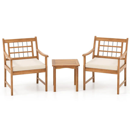 3 Piece Wood Patio Furniture Set with Seat Cushions and Acacia Wood Frame-White - White - Patio Conversation Sets