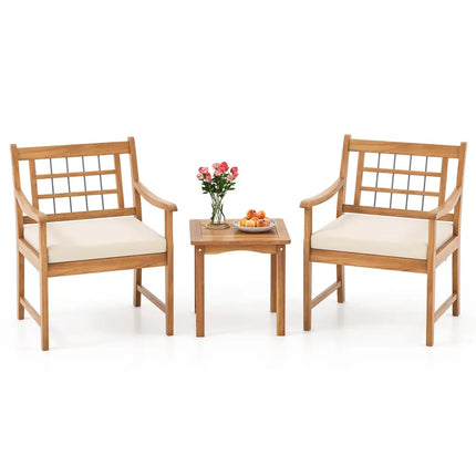 3 Piece Wood Patio Furniture Set with Seat Cushions and Acacia Wood Frame-White - White - Patio Conversation Sets