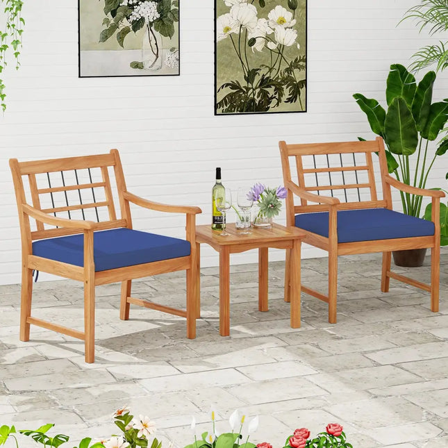 3 Piece Wood Patio Furniture Set with Seat Cushions and Acacia Wood Frame-Navy - Navy - Patio Conversation Sets