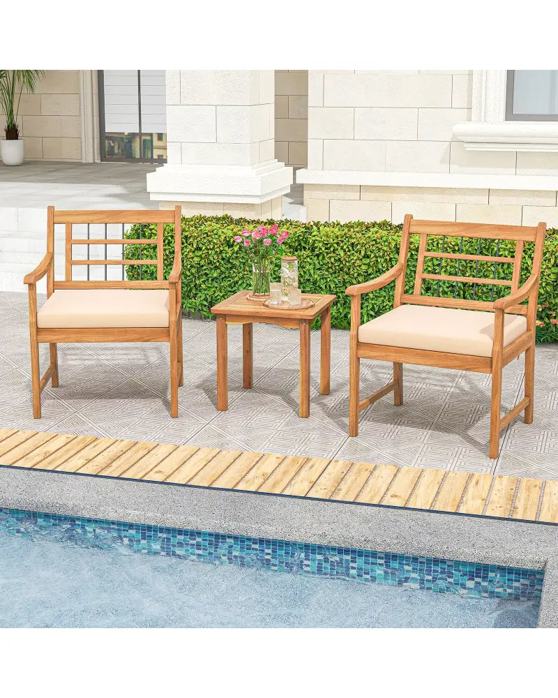 3 Piece Wood Patio Furniture Set with Seat Cushions and Acacia Wood Frame-White - White - Patio Conversation Sets