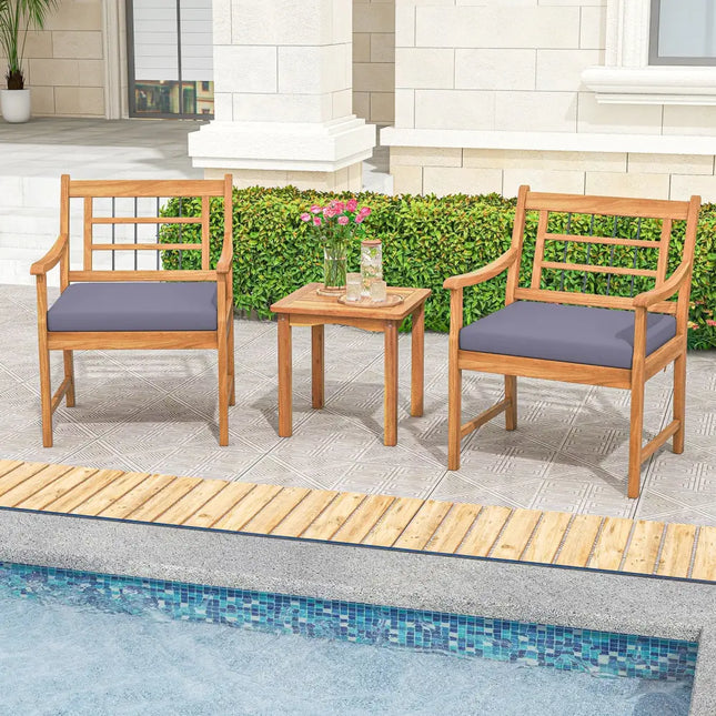 3 Piece Wood Patio Furniture Set with Seat Cushions and Acacia Wood Frame-Gray - Gray - Patio Conversation Sets