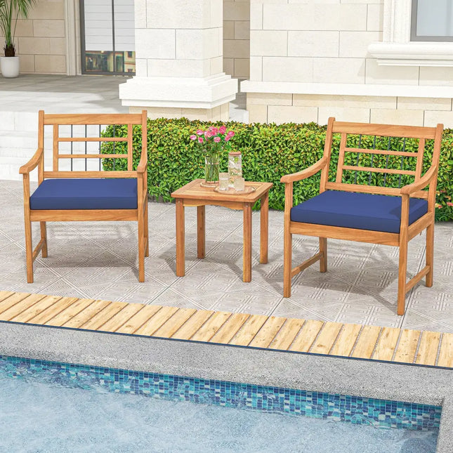3 Piece Wood Patio Furniture Set with Seat Cushions and Acacia Wood Frame-Navy - Navy - Patio Conversation Sets