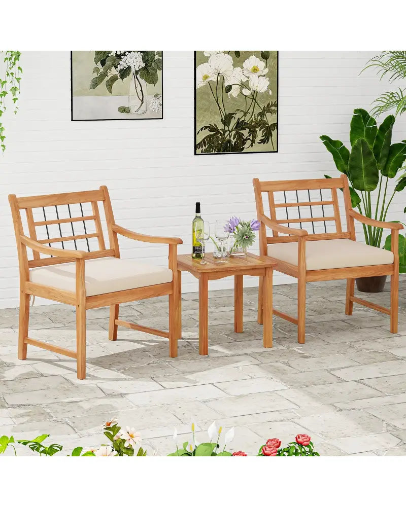 3 Piece Wood Patio Furniture Set with Seat Cushions and Acacia Wood Frame-White - White - Patio Conversation Sets