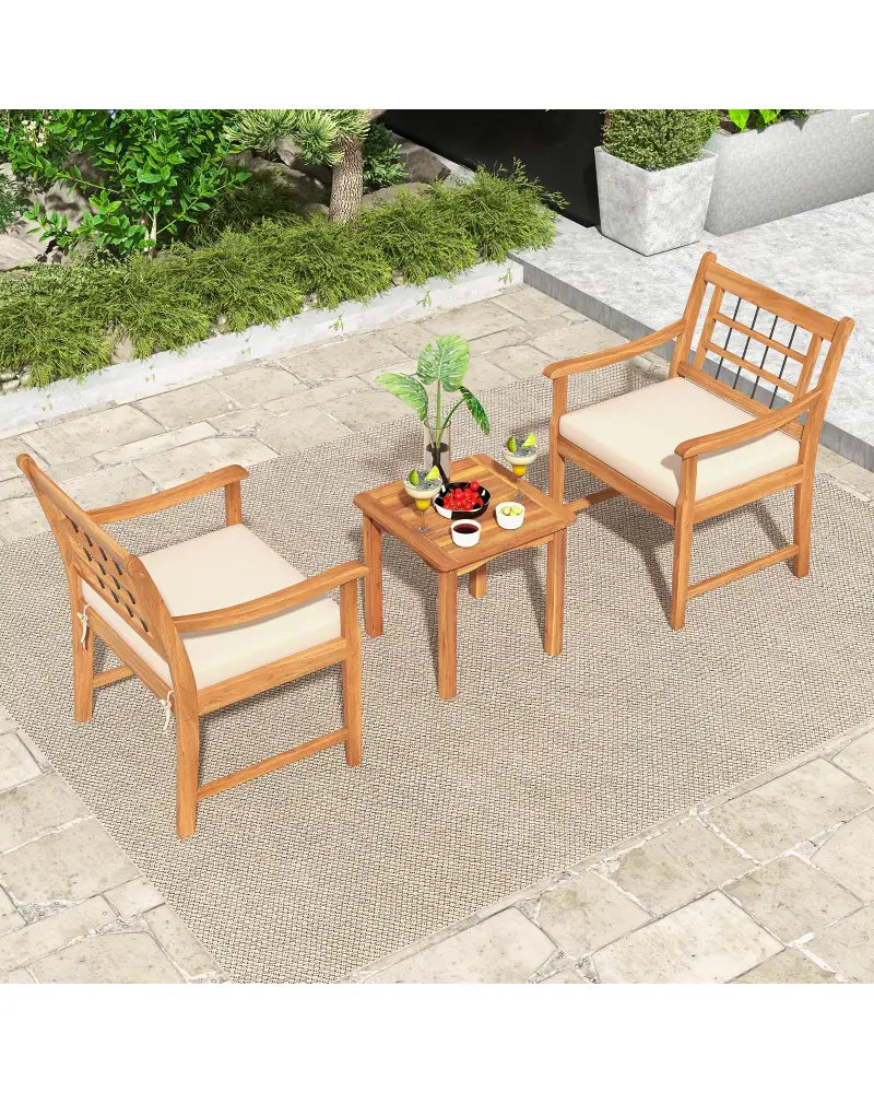 3 Piece Wood Patio Furniture Set with Seat Cushions and Acacia Wood Frame-White - White - Patio Conversation Sets