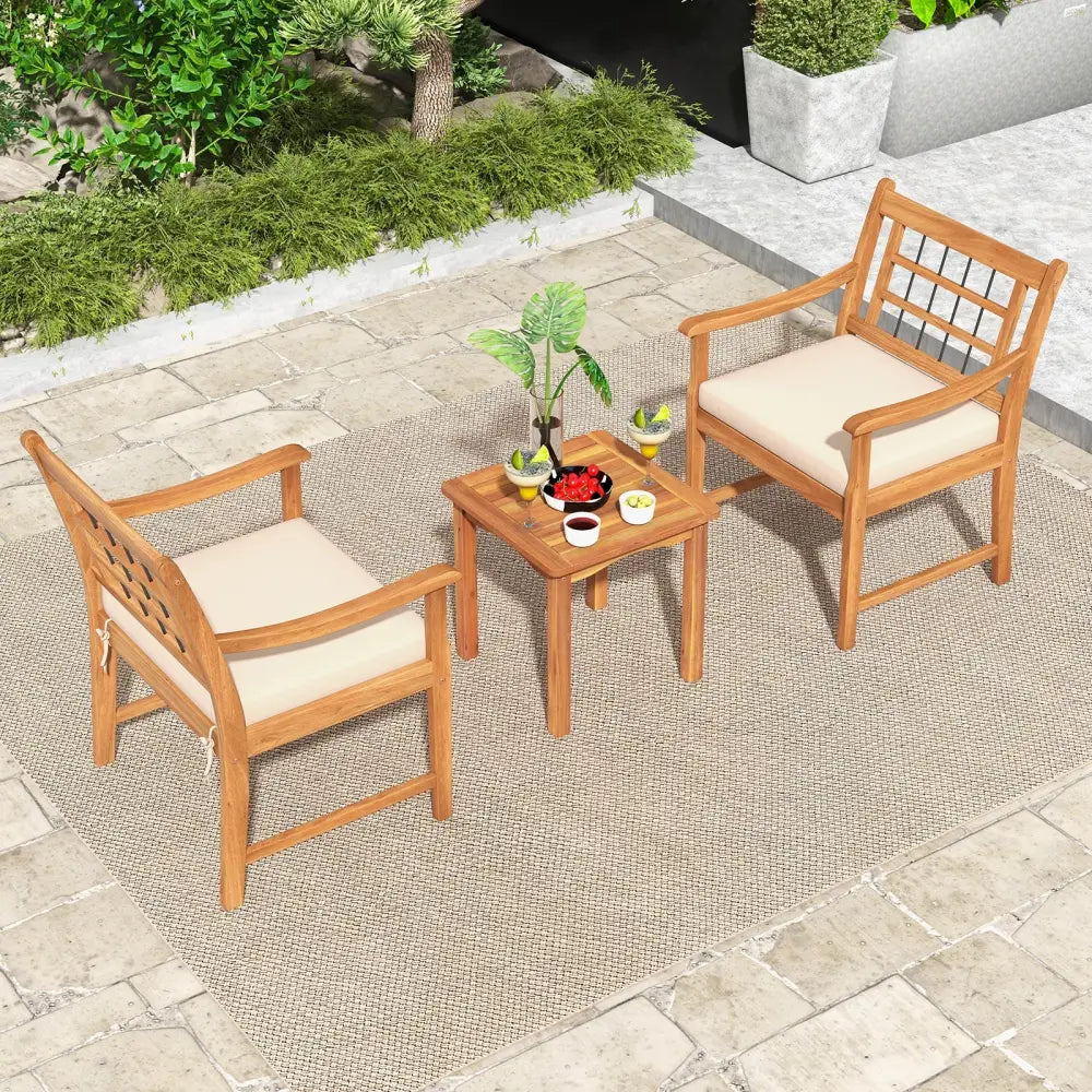 3 Piece Wood Patio Furniture Set with Seat Cushions and Acacia Wood Frame-White - White - Patio Conversation Sets