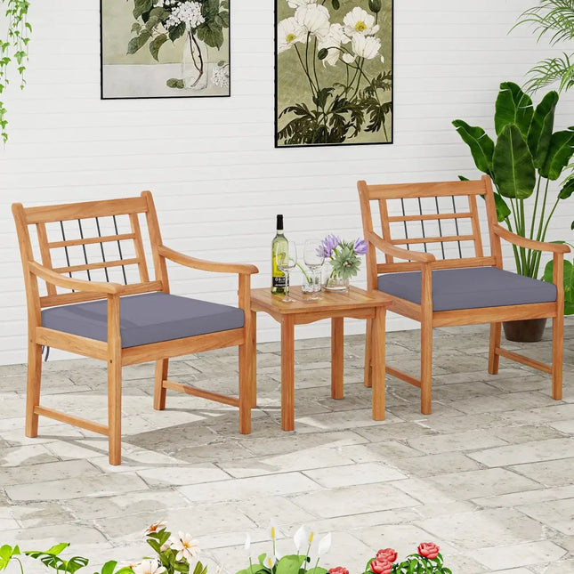 3 Piece Wood Patio Furniture Set with Seat Cushions and Acacia Wood Frame-Gray - Gray - Patio Conversation Sets