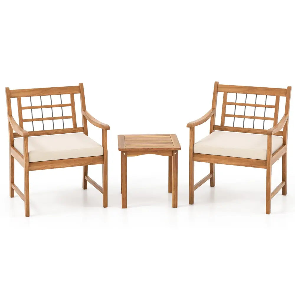 3 Piece Wood Patio Furniture Set with Seat Cushions and Acacia Wood Frame-White - White - Patio Conversation Sets