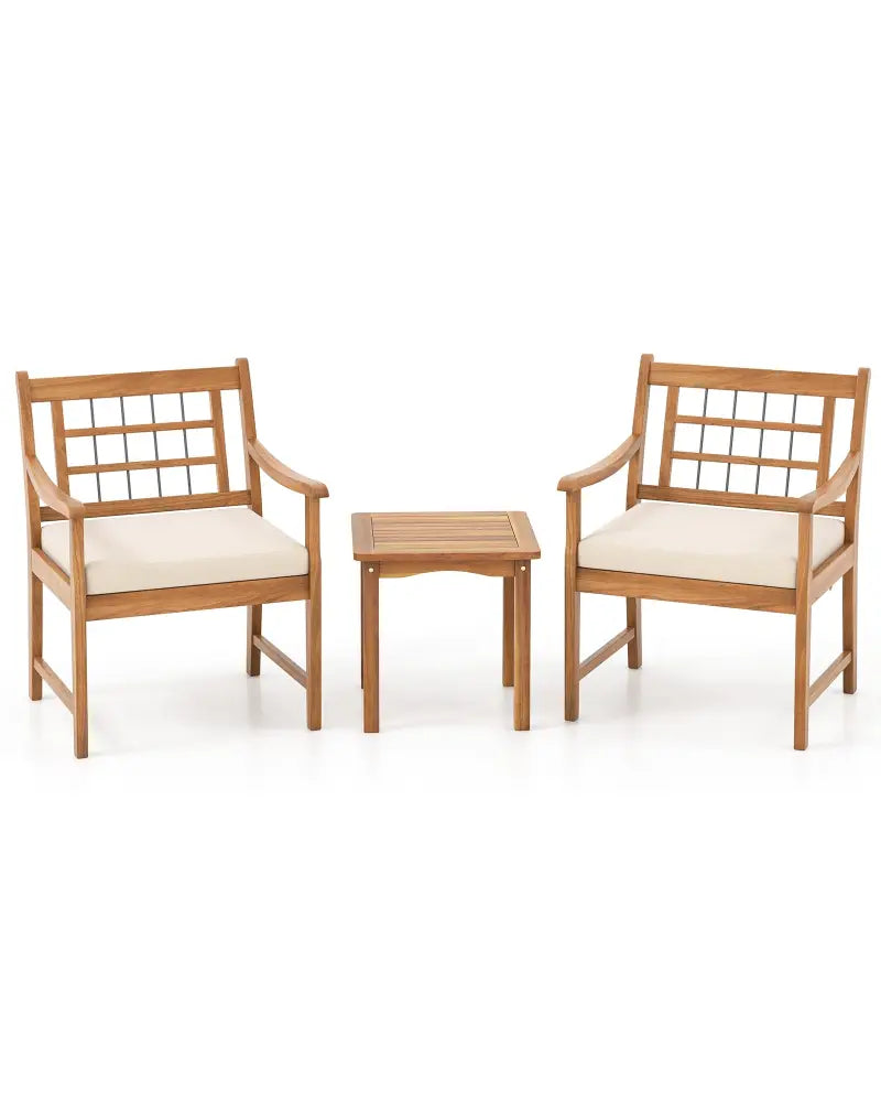 3 Piece Wood Patio Furniture Set with Seat Cushions and Acacia Wood Frame-White - White - Patio Conversation Sets