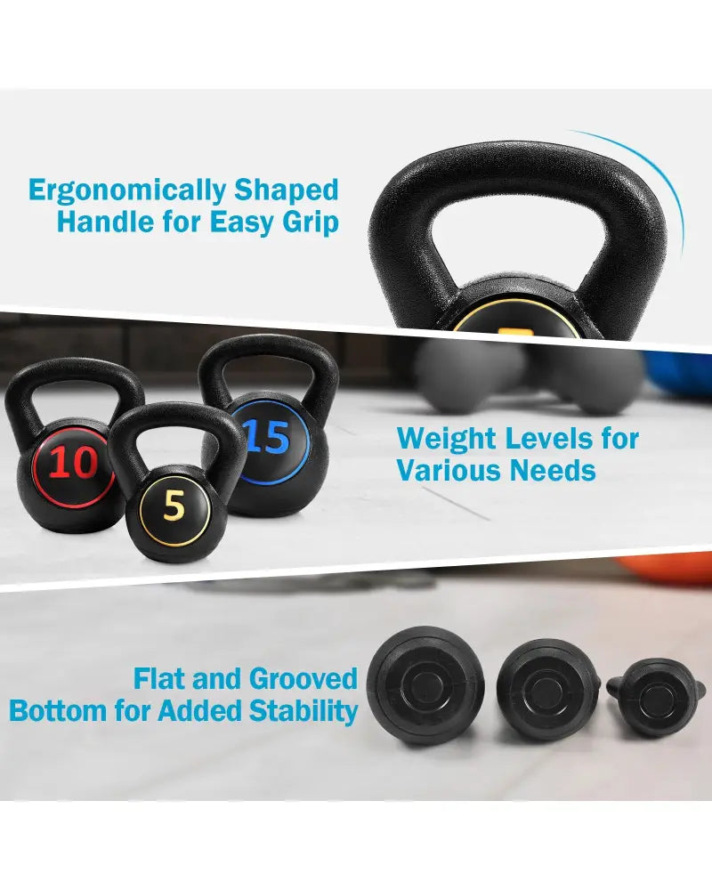3 Pieces 5 10 15lbs Kettlebell Weight Set - Black - Weights Accessories