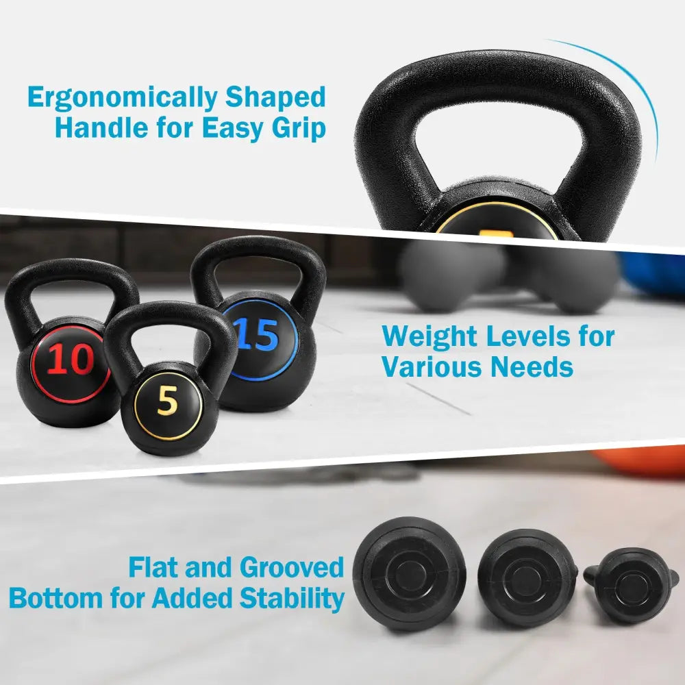 3 Pieces 5 10 15lbs Kettlebell Weight Set - Black - Weights Accessories