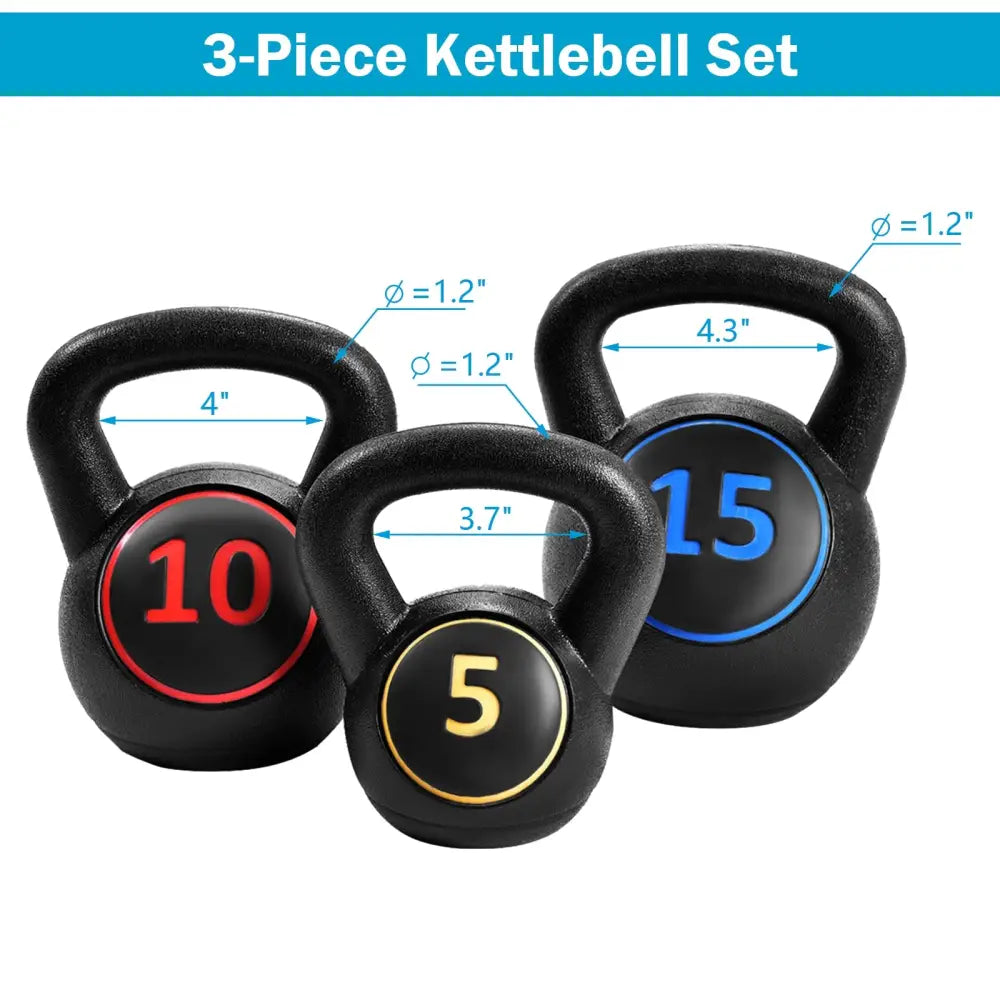 3 Pieces 5 10 15lbs Kettlebell Weight Set - Black - Weights Accessories